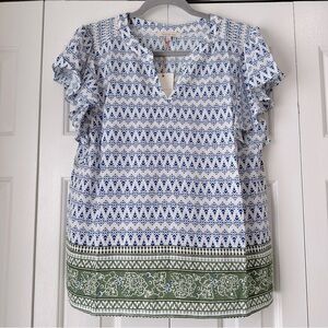 Skies Are Blue White and Blue Flutter Sleeve Blouse Size Large